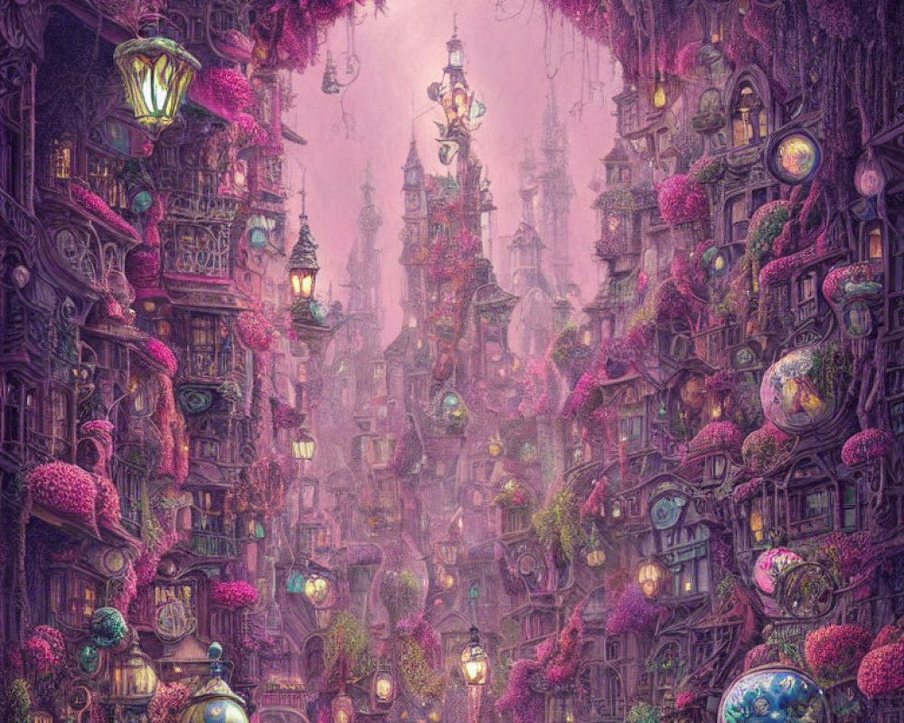 Detailed fantasy cityscape with ornate buildings and floating orbs in a purple-hued environment