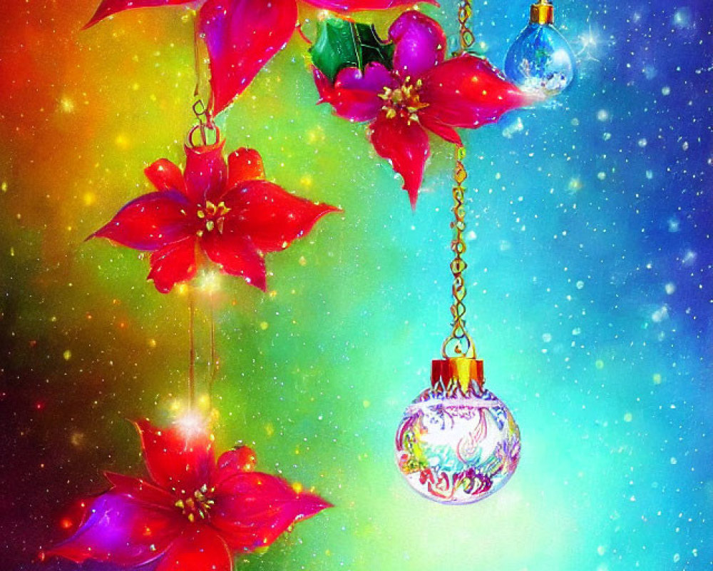 Colorful Christmas Artwork Featuring Poinsettias, Holly Leaves, Ornaments, and Cosmic Background