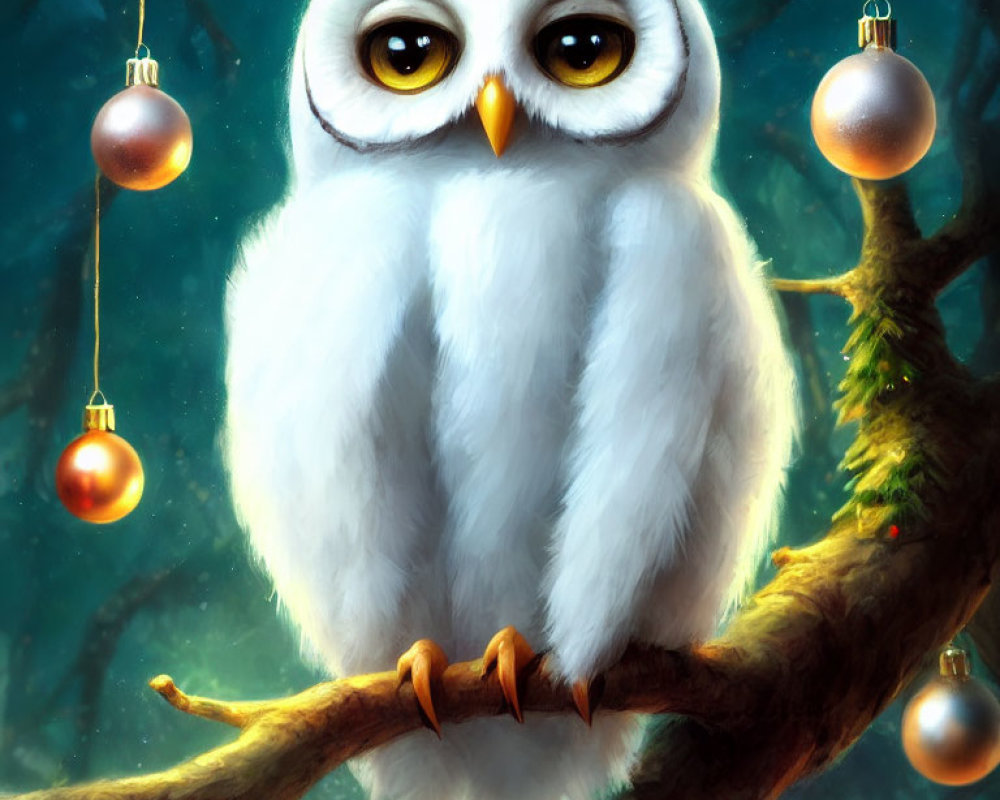 White Owl with Yellow Eyes on Branch with Christmas Ornaments in Mystical Blue Forest