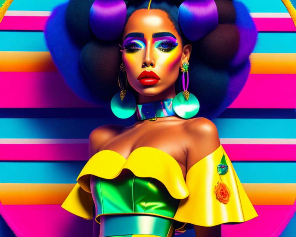 Colorful digital artwork of a woman with exaggerated features and multi-puff hair