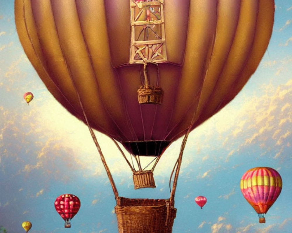 Purple Hot Air Balloon Floats Over Colorful Flowers and Sky