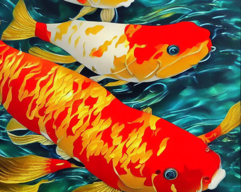 Colorful painting of three koi fish in blue water