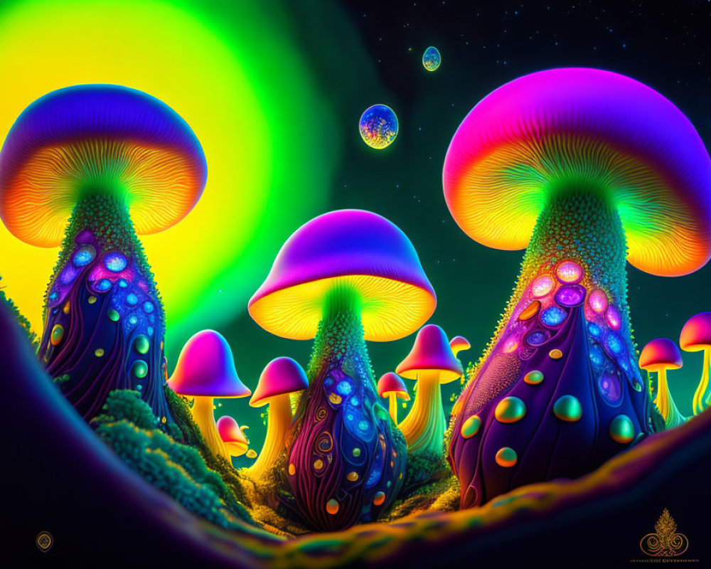 Colorful Psychedelic Mushroom Art Under Neon Sky