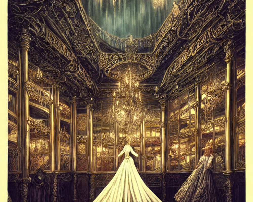 Elegant figure in white dress in golden ballroom with chandelier & observer