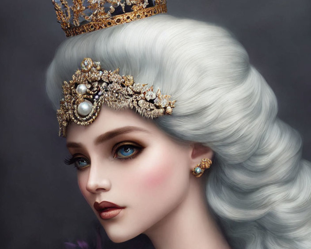 Woman with Striking Blue Eyes in Golden Crown Against Grey Backdrop