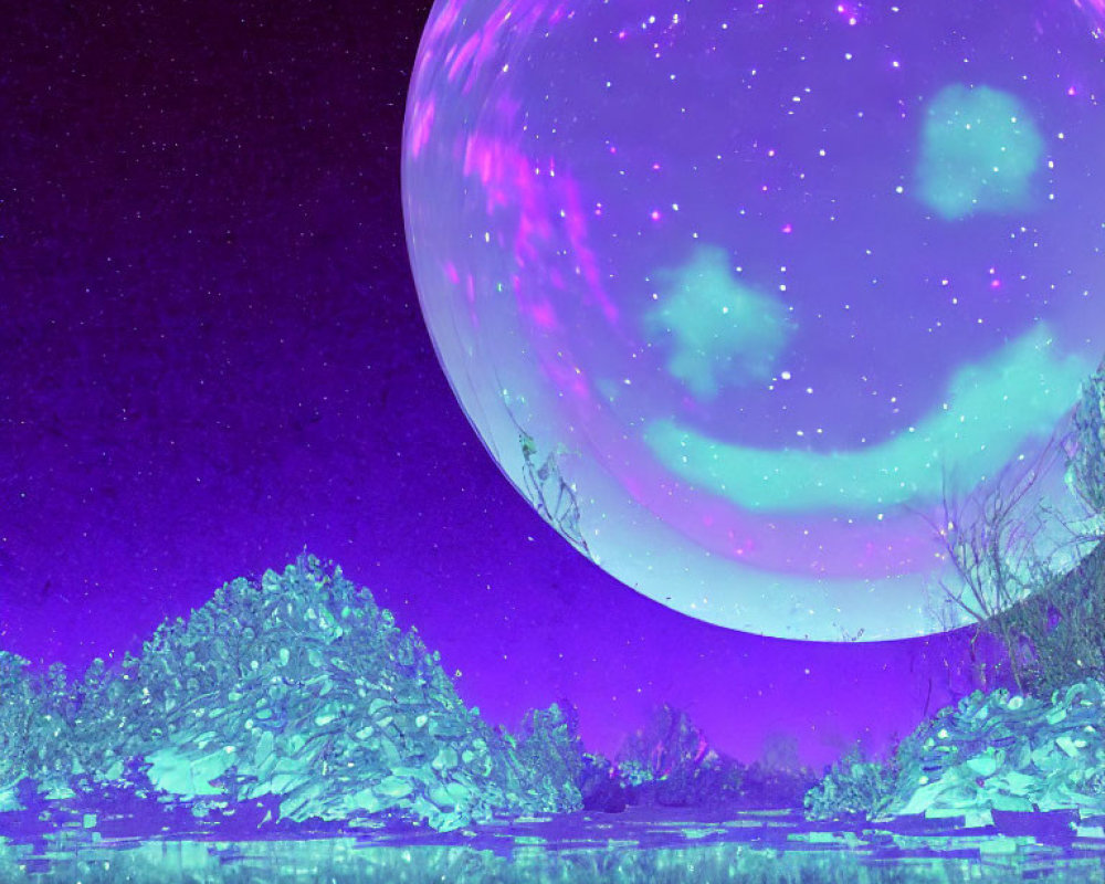 Mystical purple and pink orb over luminous night landscape