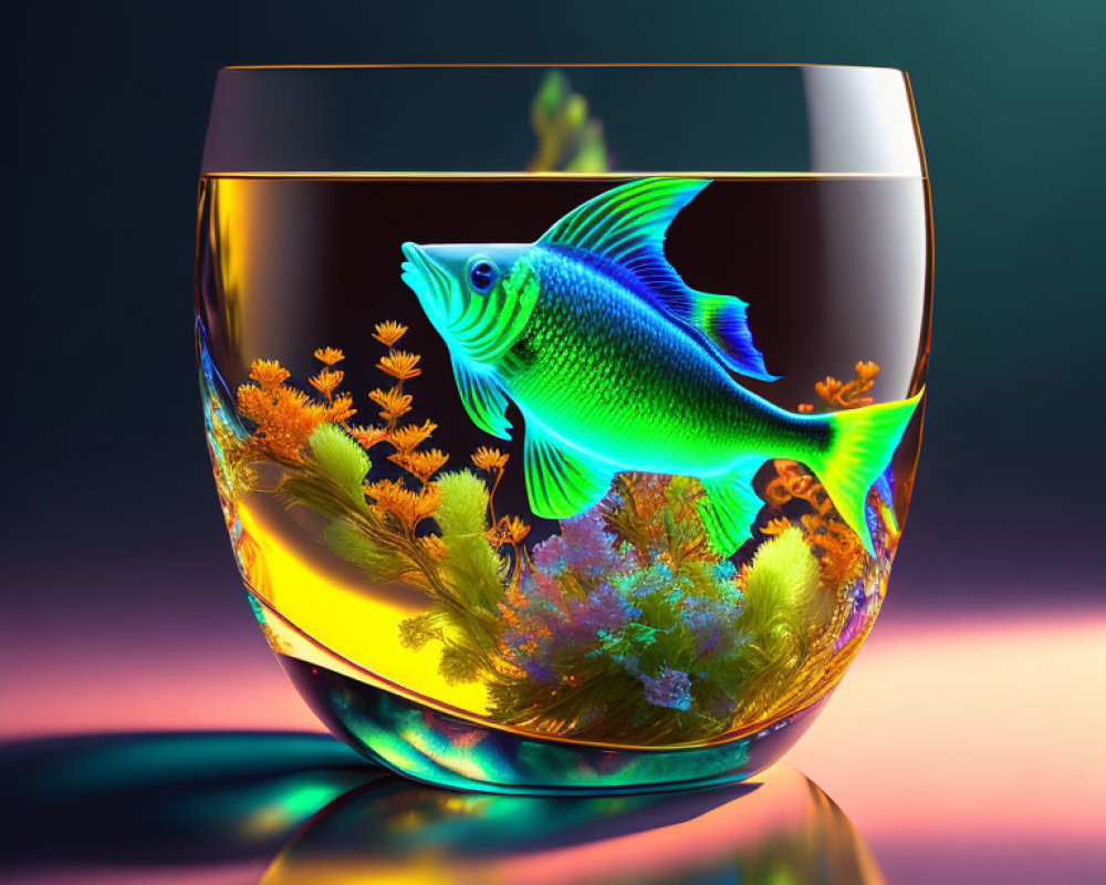 Blue-green Fish Swimming in Bowl with Orange Coral on Glossy Surface