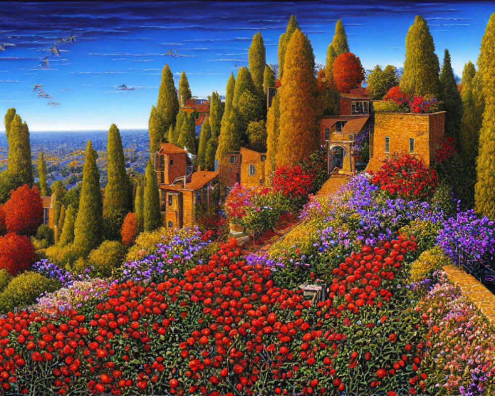 Colorful Landscape Painting with Flowers, Houses, Trees, and Birds