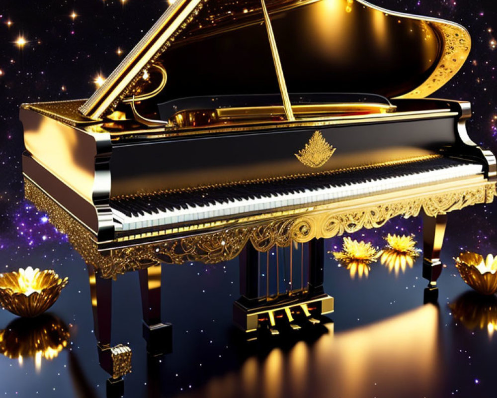 Grand Piano with Gold Accents on Reflective Surface and Golden Flowers