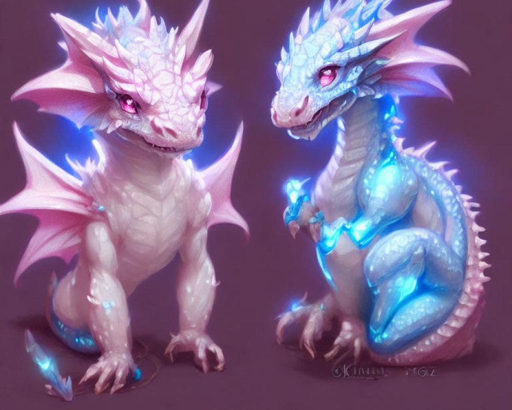 Stylized dragons with pink and blue hues and glowing crystals on purple background