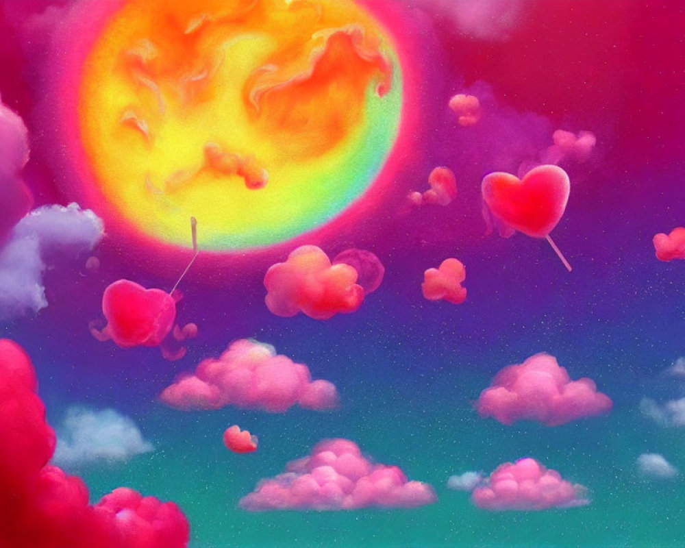 Colorful surreal sky with heart-shaped balloons and swirling rainbow sun