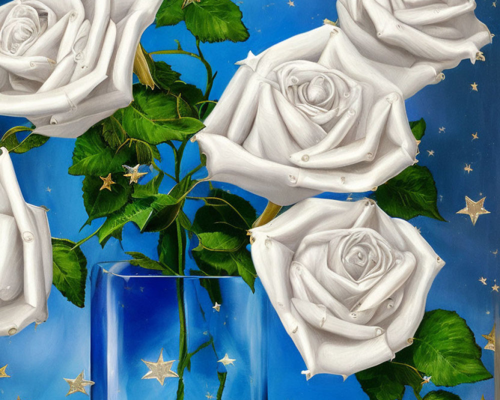 Still life painting of three white roses in blue vase with gold stars on blue background