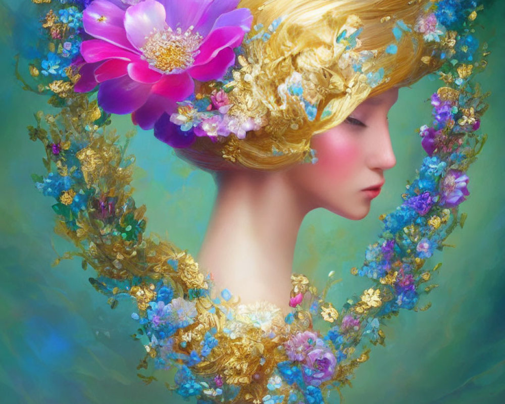 Digital artwork of woman's profile with golden hair and flowers on green backdrop