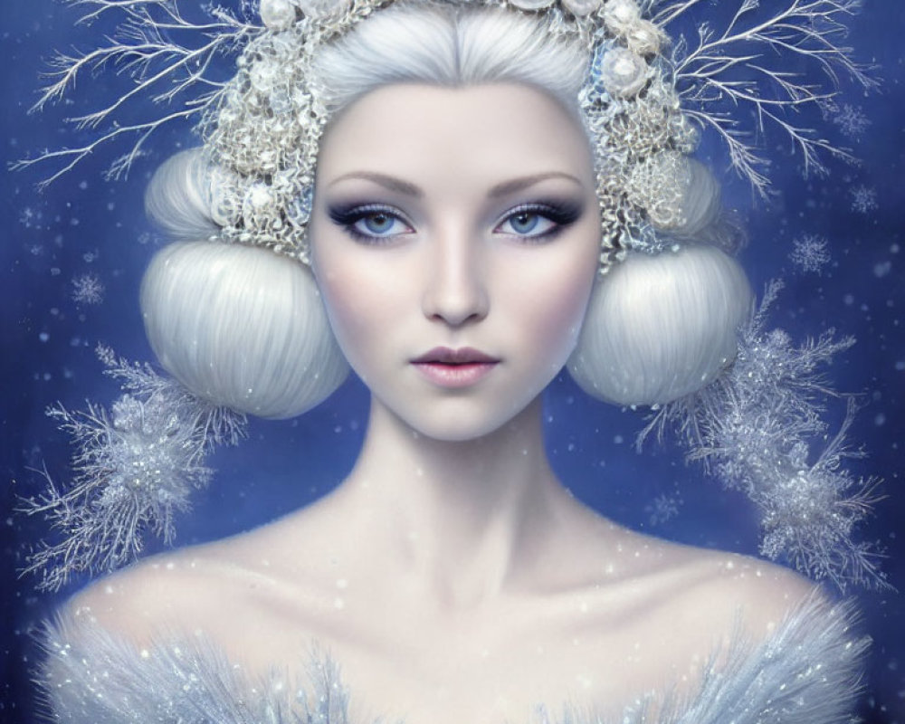 Illustration of woman with pale skin, blue eyes, ornate white hair with pearls and snowfl