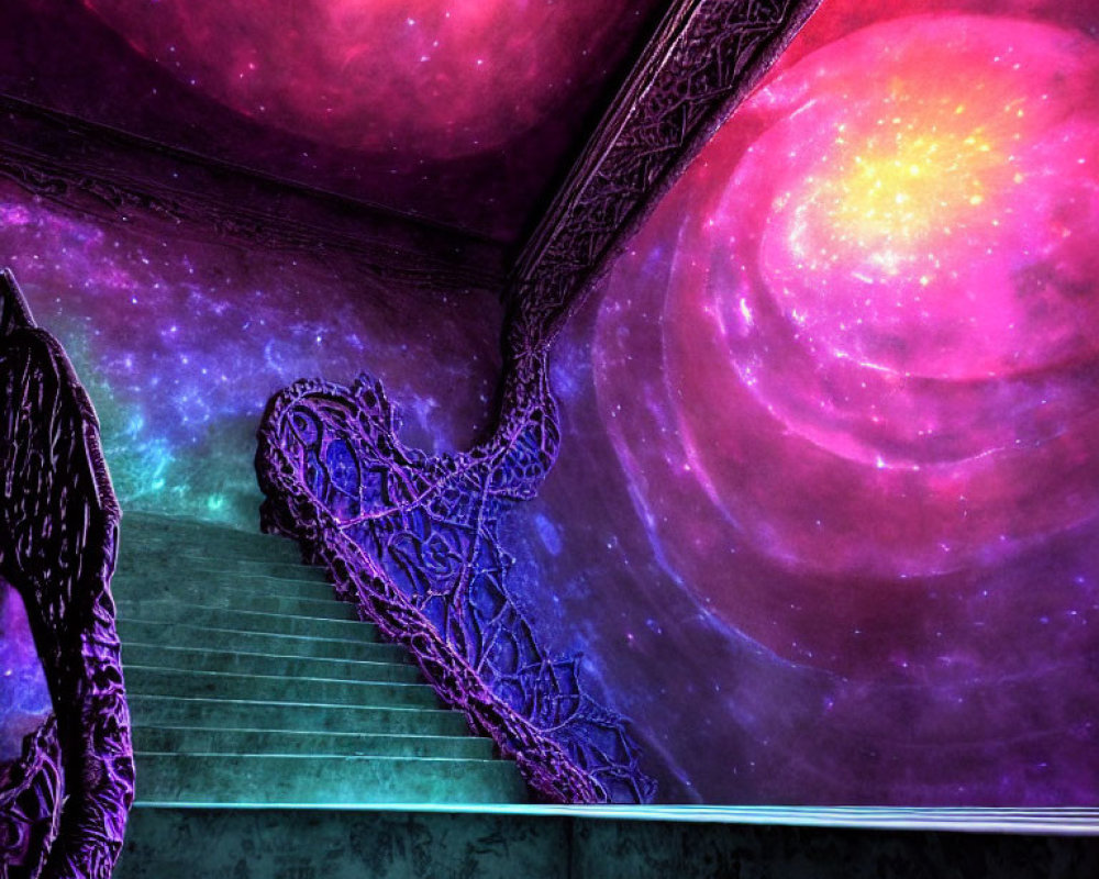 Surreal staircase with ornate railings against cosmic nebula backdrop