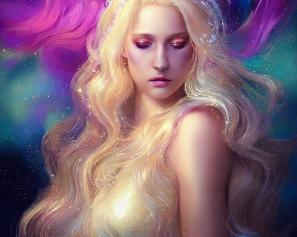 Fantasy portrait of woman with blond hair and jeweled headpiece in cosmic setting