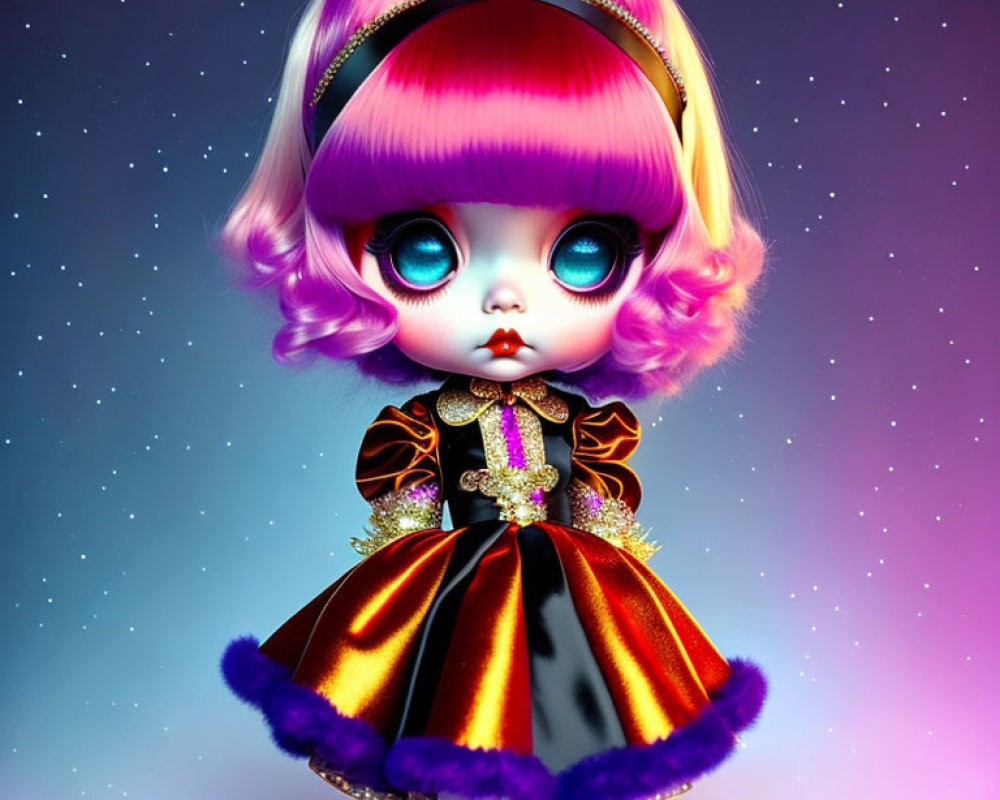 Colorful Doll with Blue Eyes and Purple Hair in Black and Gold Dress on Starry Background