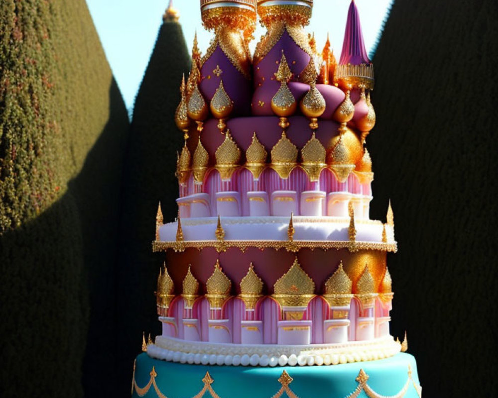 Castle-themed multi-tiered cake with golden spires on blue base and hedges