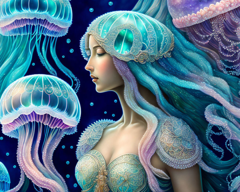Fantasy illustration of woman with jellyfish-inspired adornments in underwater setting