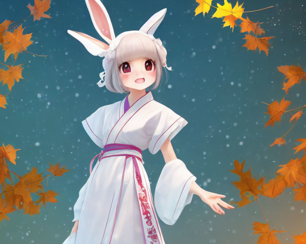 Cheerful animated character in white robe with rabbit ears under starry sky