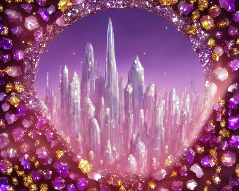 Fantasy Crystal Landscape with Purple and Clear Spires in Heart-Shaped Frame