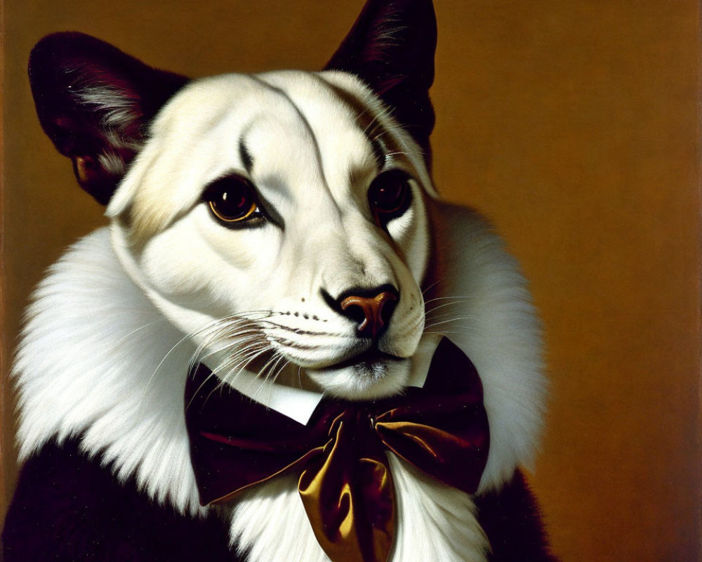 Anthropomorphic feline in formal attire on gold backdrop