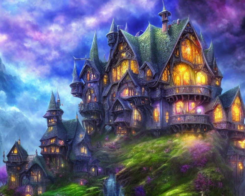 Enchanted multi-turreted mansion in twilight setting surrounded by purple flora