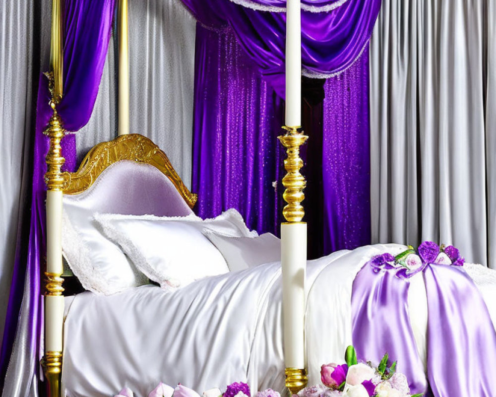 Opulent bedroom with golden-framed bed, white linens, purple drapes, and colorful flower