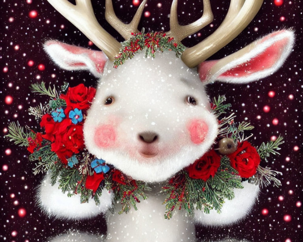 Smiling white reindeer with festive antlers in snowy scene