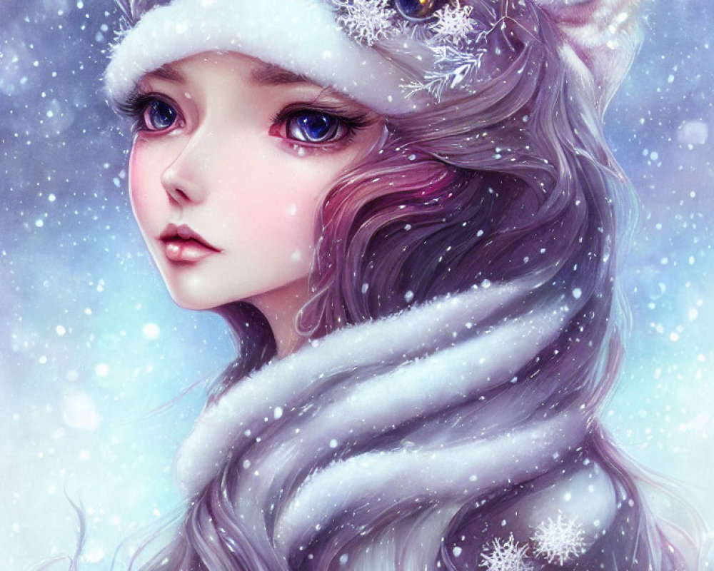 Digital illustration of girl with expressive eyes, winter hat, white kitten, snowflakes