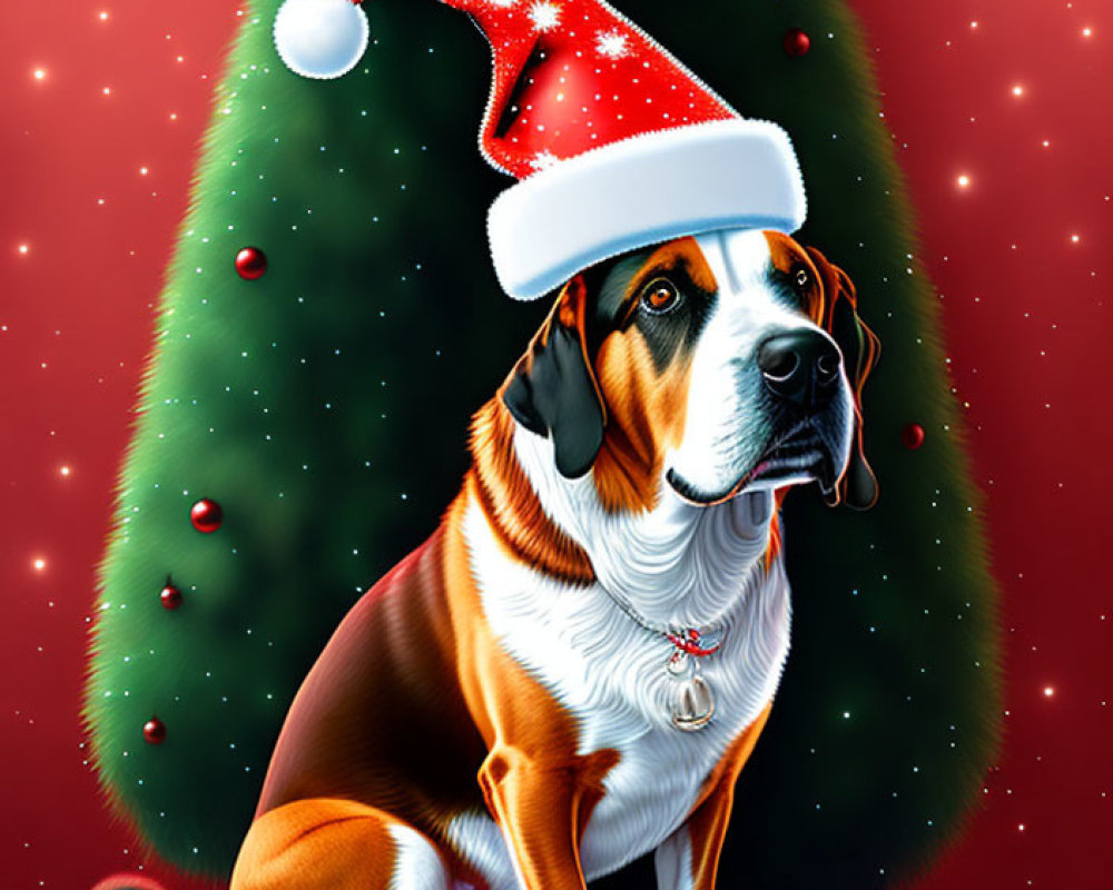 Saint Bernard Dog in Santa Hat by Christmas Tree