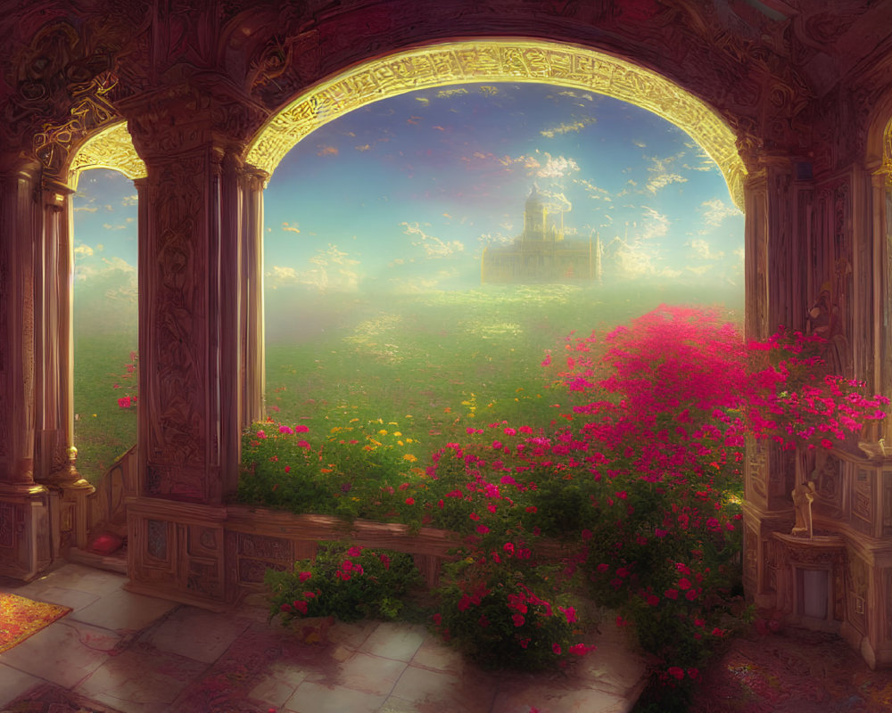 Ornate balcony overlooking vibrant garden and distant castle in misty landscape