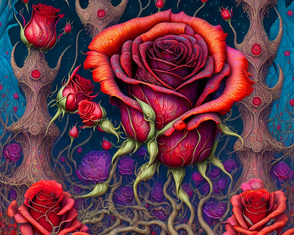 Detailed Illustration of Large Red Rose Among Roses on Dark Blue Background