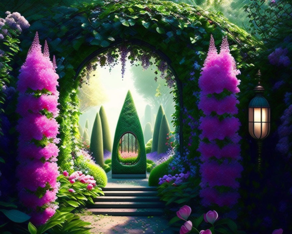 Lush green archway with pink flowers, manicured bushes, street lamp, and iron gate