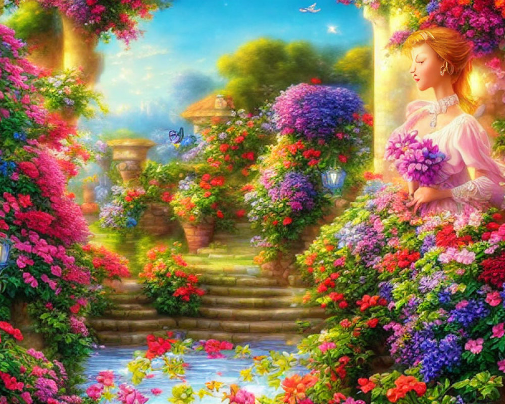 Woman in pink dress in vibrant garden with flowers and butterflies