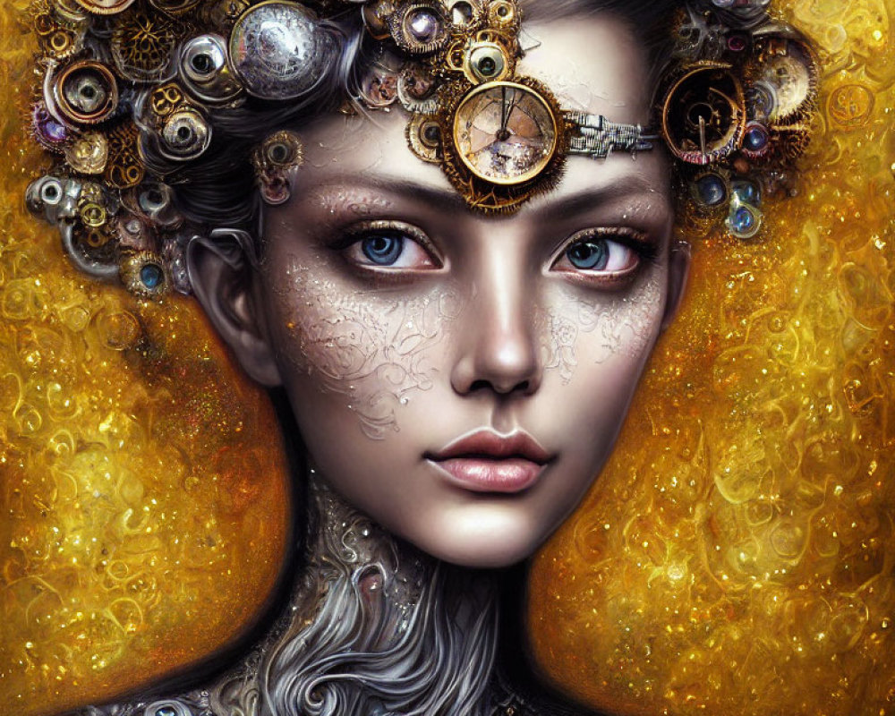 Digital portrait of woman with gear crown and metallic tattoos on golden background