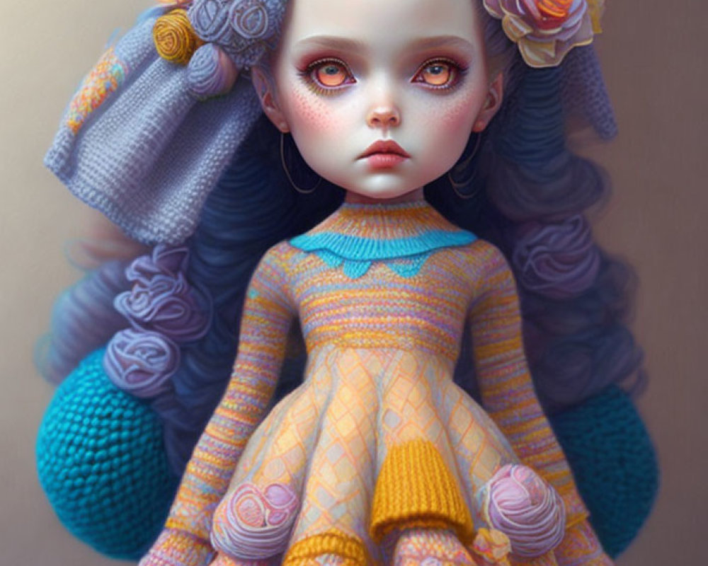 Digital artwork: Girl with large eyes, blue hair, floral dress in pastel colors