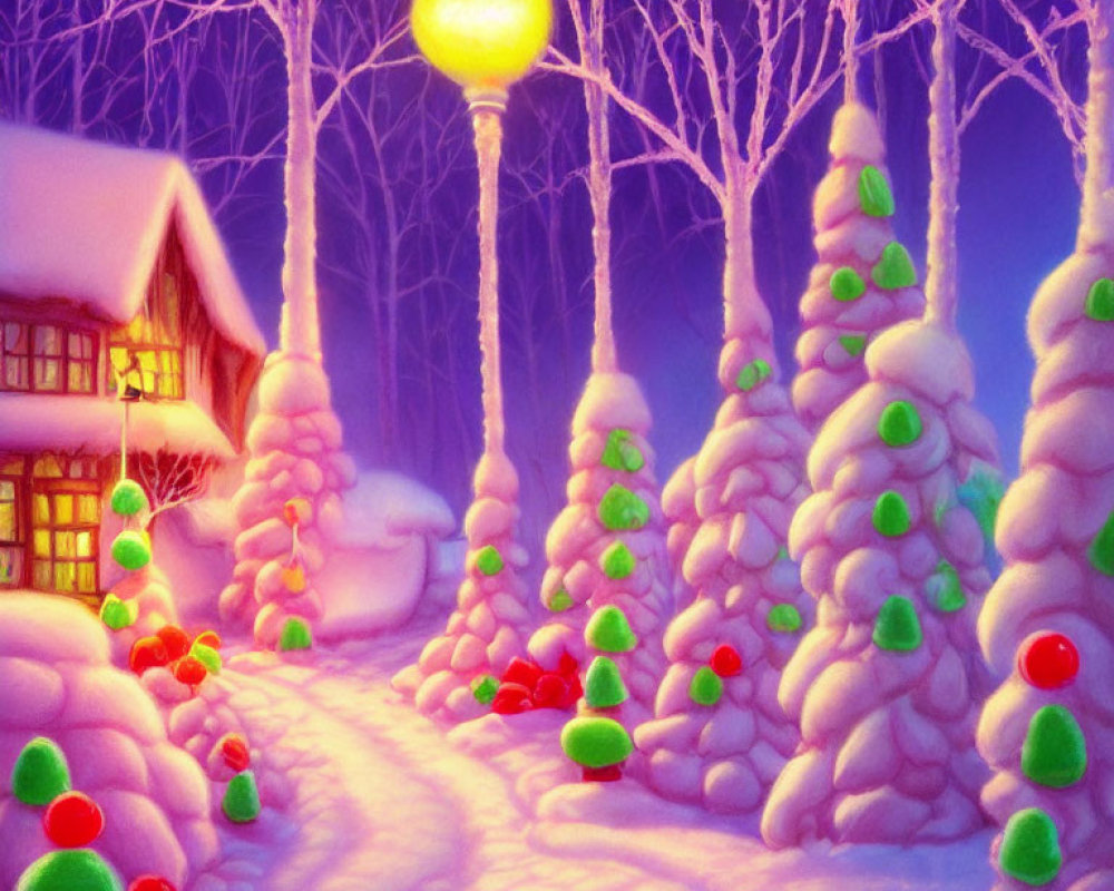 Winter Scene with Cozy House, Snow-Covered Trees, Path, Ornaments, and Warm