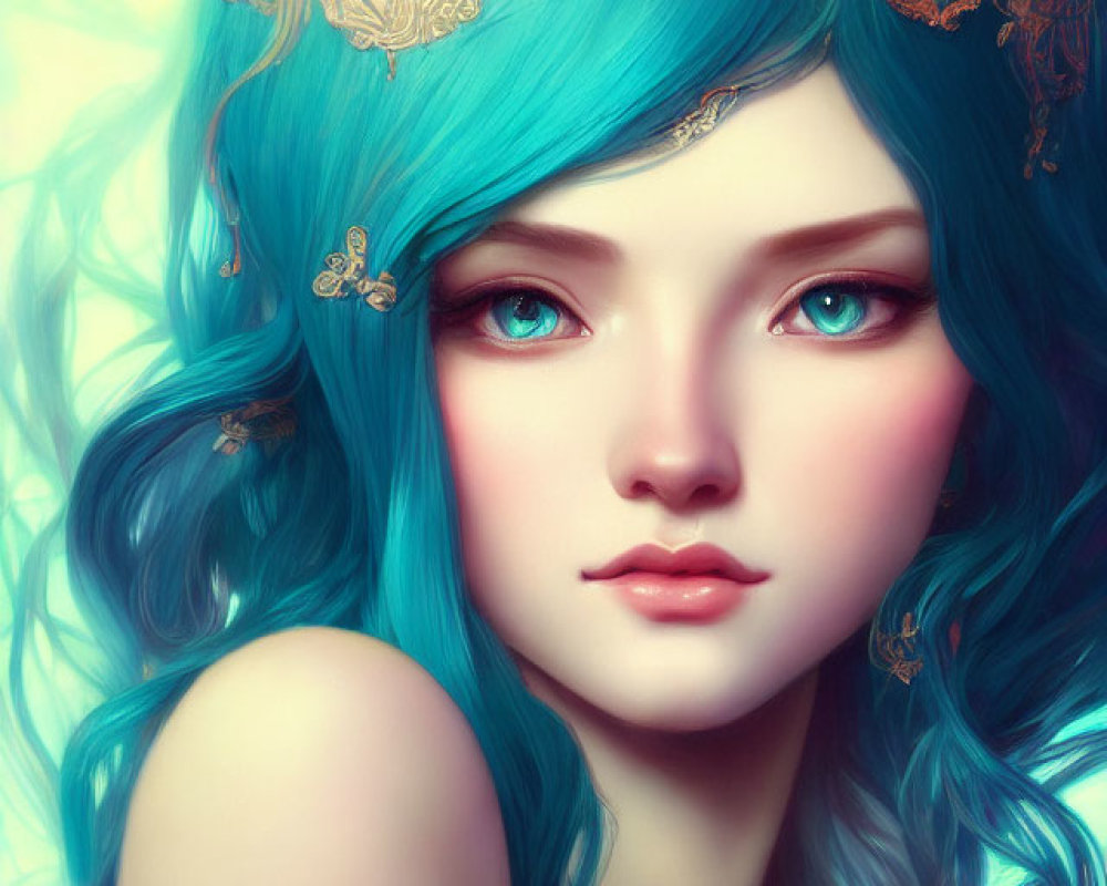 Surreal woman with teal hair and red eyes, adorned with gold hair accessories.