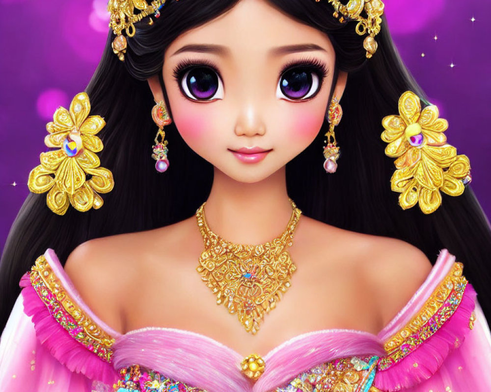 Girl with Large Purple Eyes in Pink Dress and Gold Jewelry on Starry Background