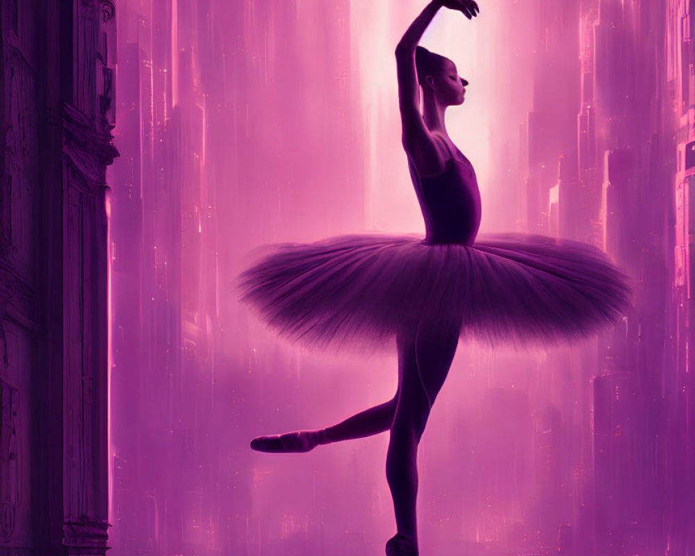 Ballerina in tutu poses against futuristic city backdrop