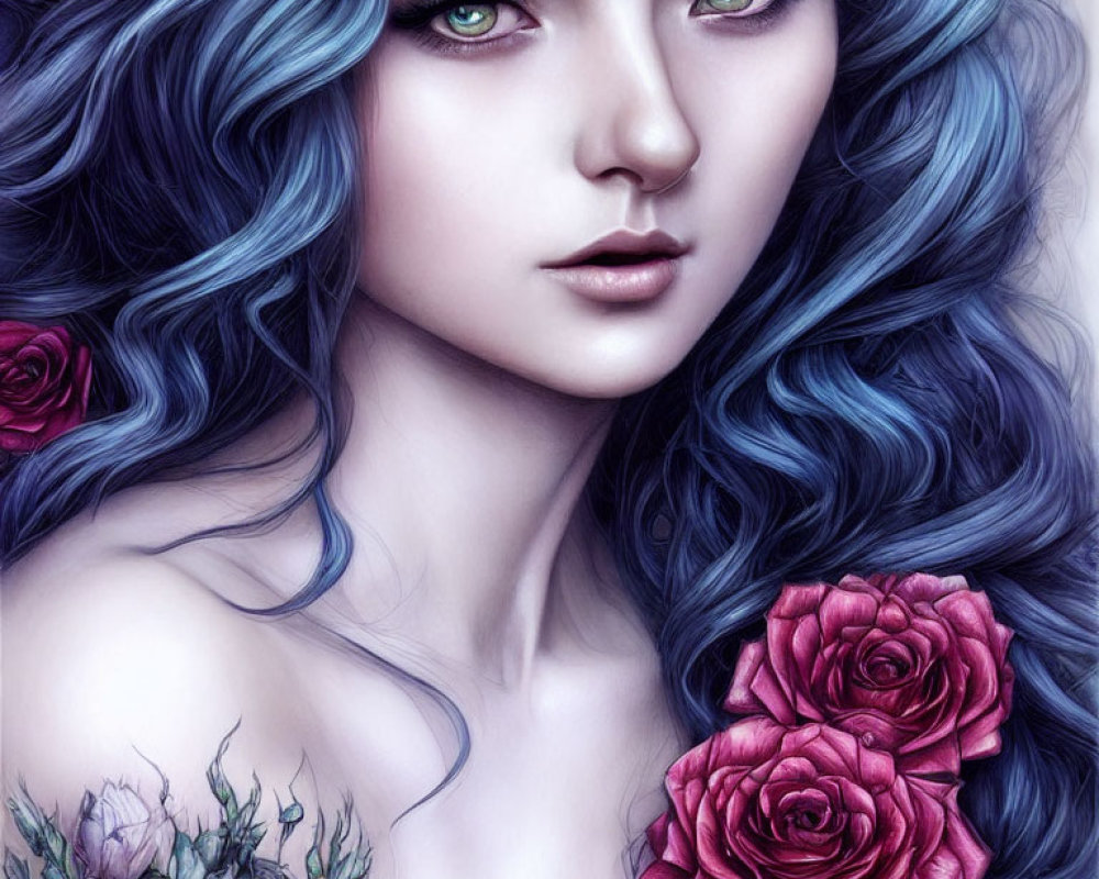 Woman with Blue Hair and Green Eyes Among Red Roses