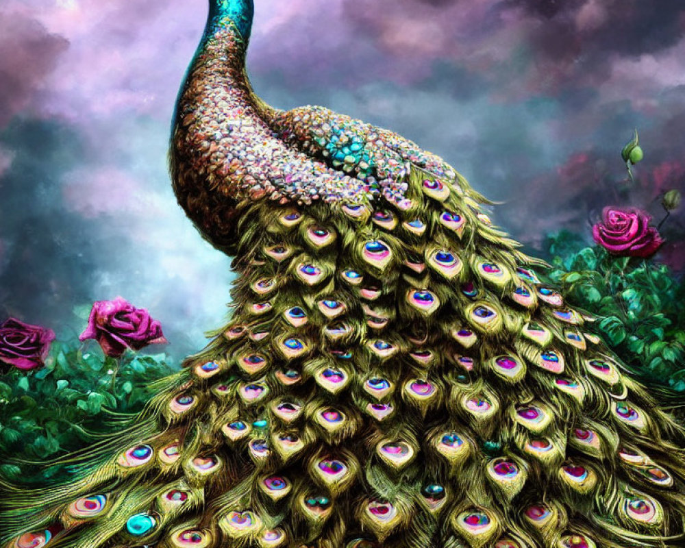 Colorful Peacock Displayed Among Pink Roses and Dramatic Sky