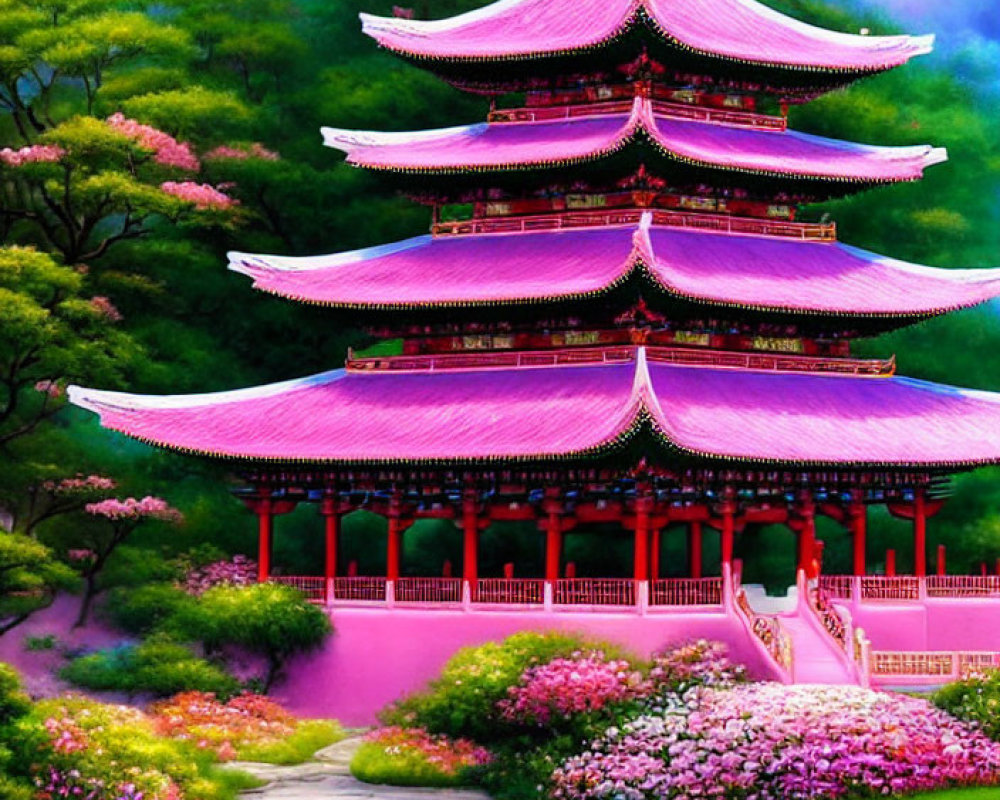 Colorful illustration of multi-tiered pink pagoda in lush green setting