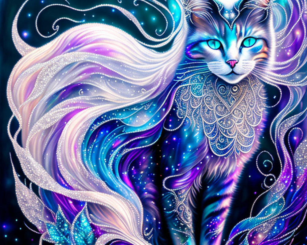 Colorful cat with blue eyes and cosmic background