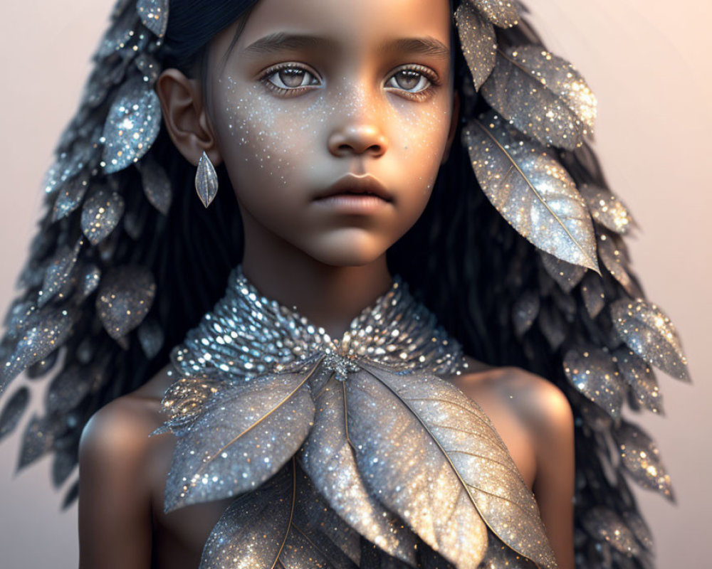 Young Girl with Ethereal Leaf Adornments and Serene Expression