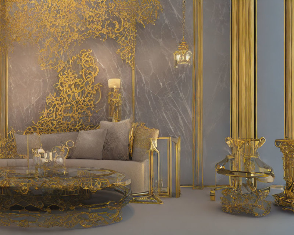 Luxurious room with marble walls, golden filigree, round couch, gold-framed furniture,