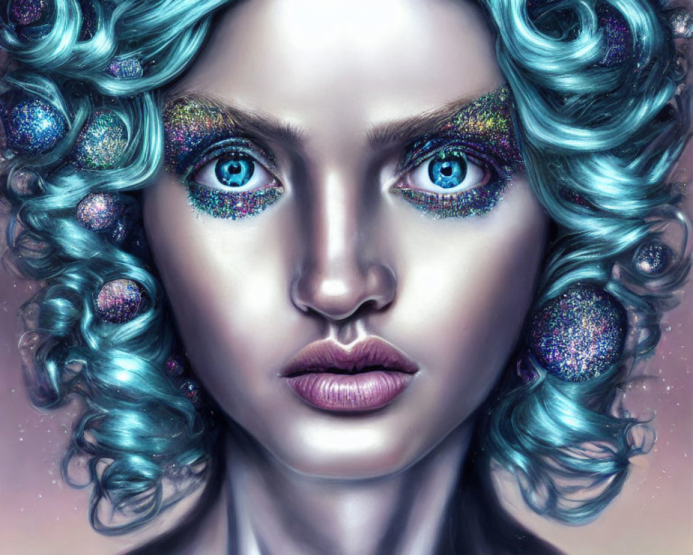 Vibrant teal curls and galaxy-themed makeup on a woman's portrait