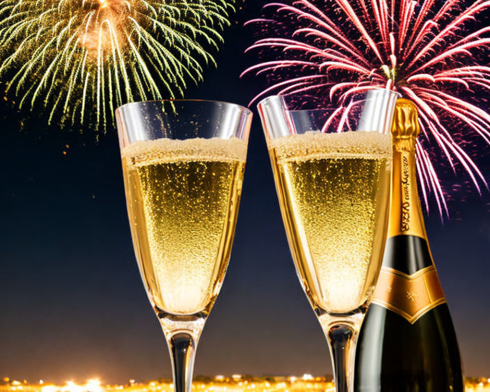 Colorful fireworks over cityscape with champagne glasses and bottle.