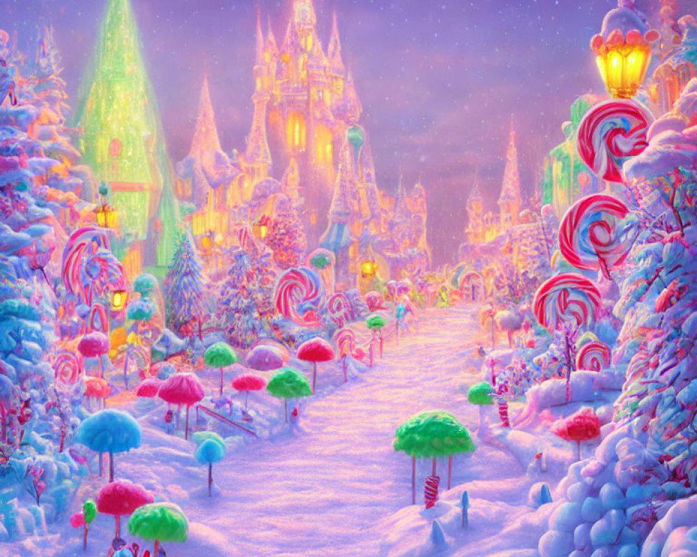 Colorful Candy Cane Trees in Whimsical Winter Scene